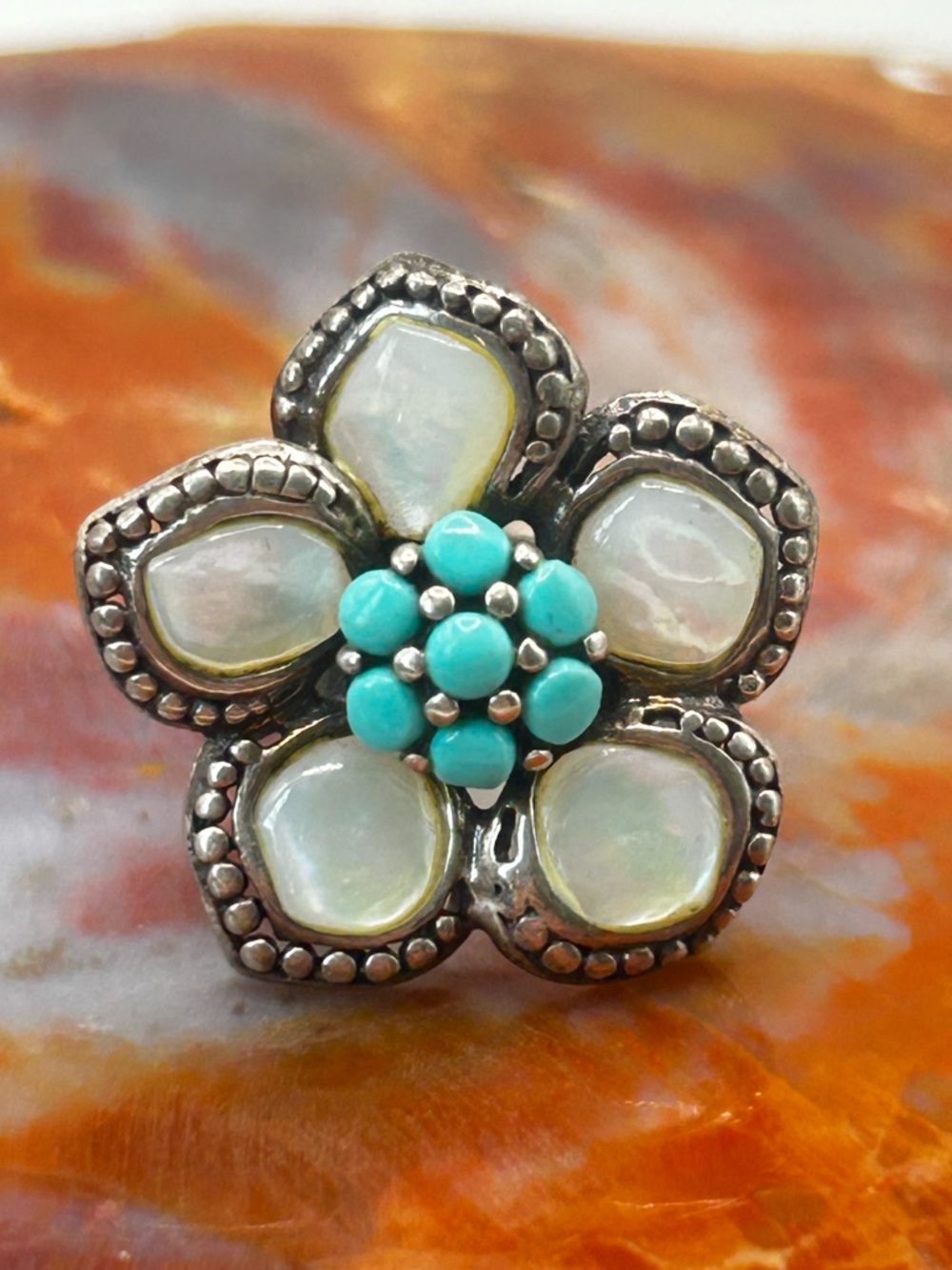 Sterling Silver Turquoise and Shell Flower Ring - Size 6 - Picture 2 of 5